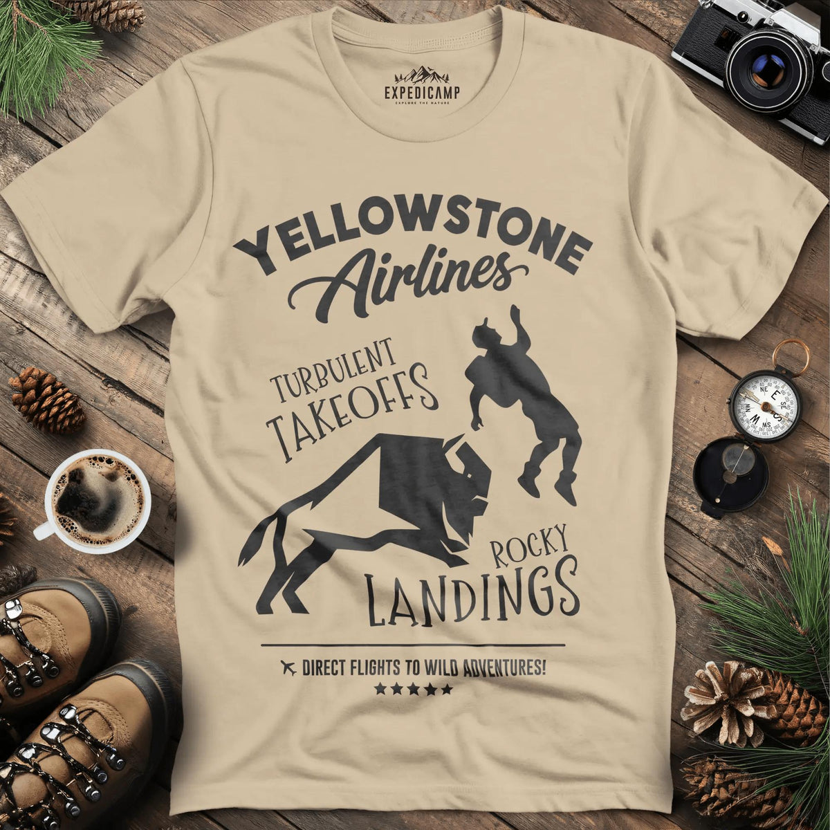 Yellowstone Airlines T-Shirt - Turbulent Takeoffs & Rocky Landings – Sand – Outdoor apparel for travel, hiking, camping, and nature lovers – ExpediCamp