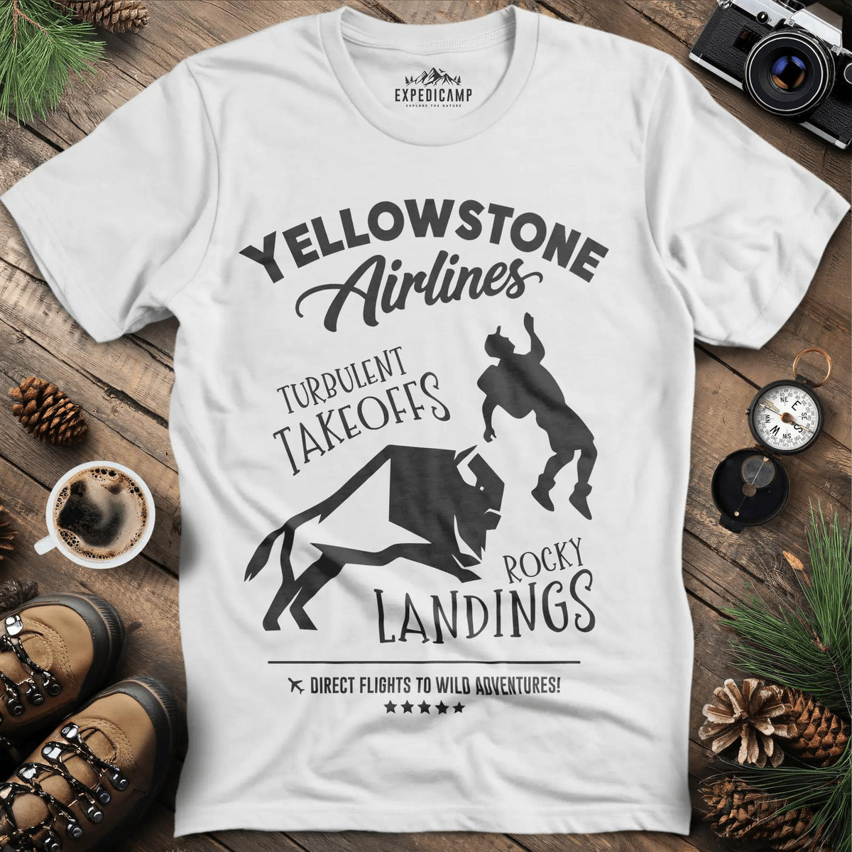 Yellowstone Airlines T-Shirt - Turbulent Takeoffs & Rocky Landings – White – Outdoor apparel for travel, hiking, camping, and nature lovers – ExpediCamp