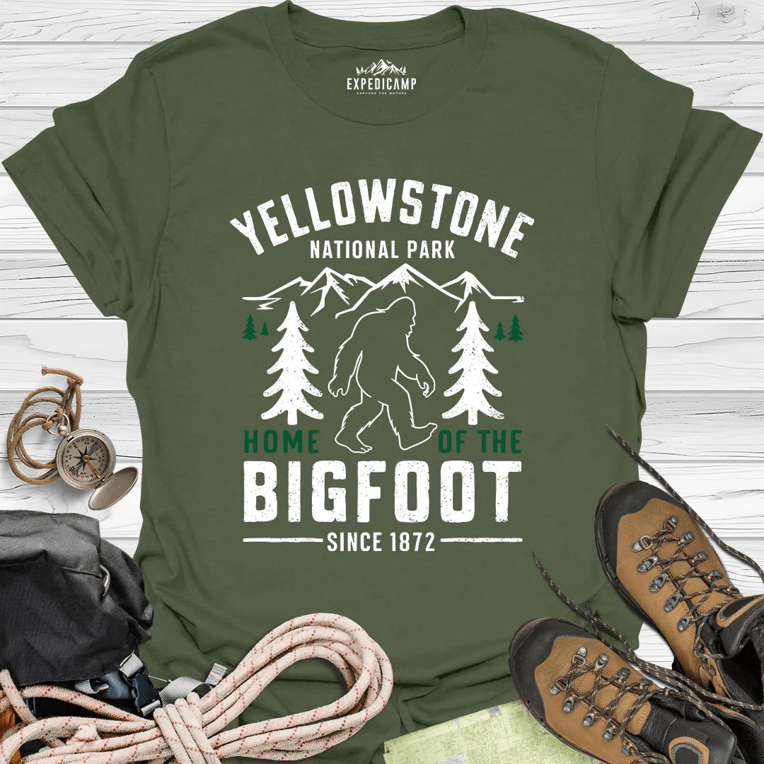 Yellowstone Home Of The Bigfoot National Park T-Shirt – Military Green – Outdoor apparel for travel, hiking, camping, and nature lovers – ExpediCamp