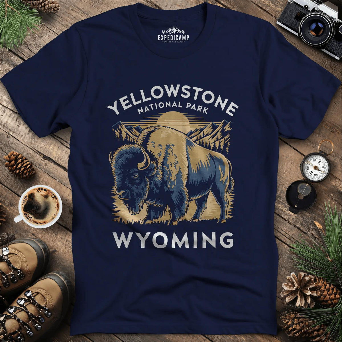 Yellowstone National Park Bison T-Shirt Wyoming – Navy – Outdoor apparel for travel, hiking, camping, and nature lovers – ExpediCamp