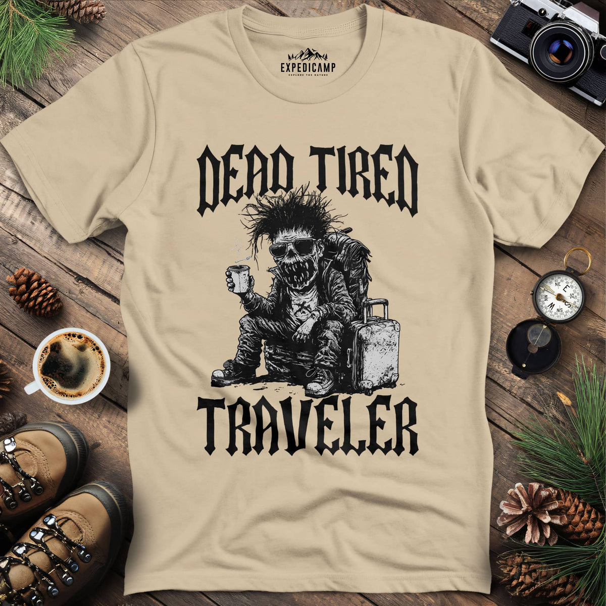 Zombie Traveler Coffee Lover T-Shirt – Sand – Outdoor apparel for travel, hiking, camping, and nature lovers – ExpediCamp